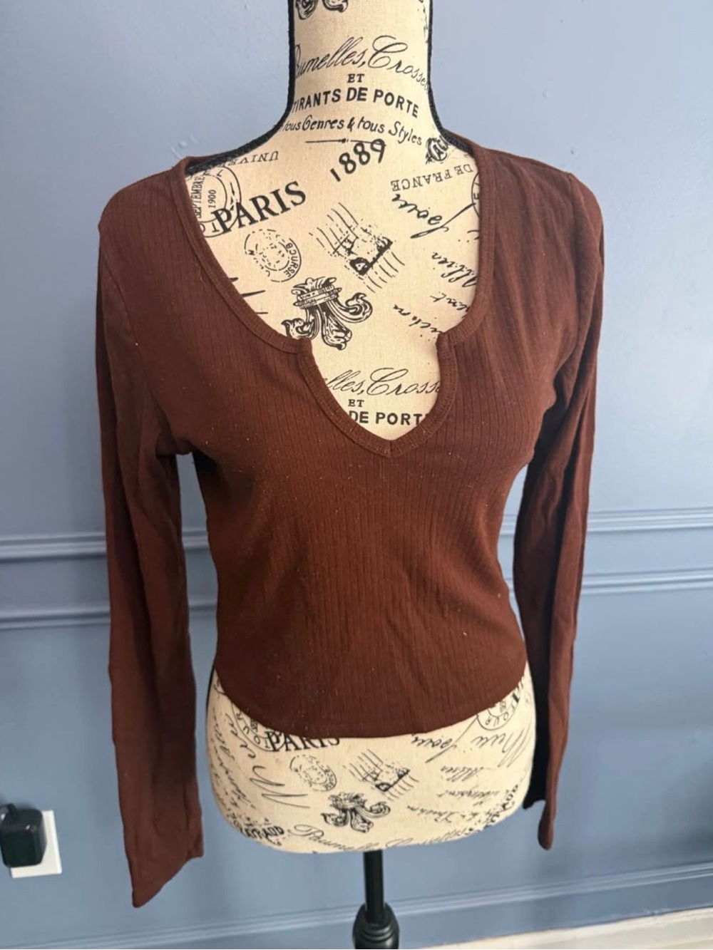 Bozzolo Brown Ribbed V-Neck Long Sleeve Top
